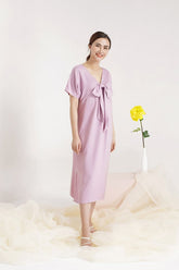 Silk Midi Dress with Front Bow Detail and Short Sleeves – Elegant Relaxed Fit Occasionwear